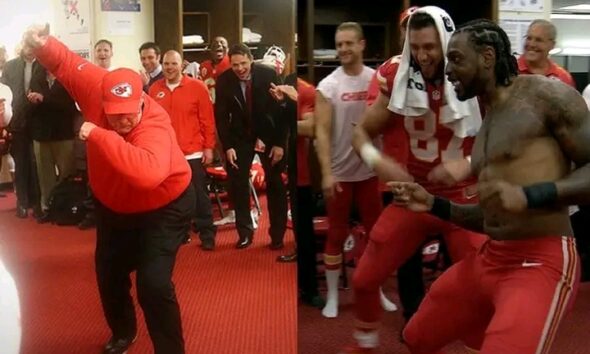 WATCH: Andy Reid and Travis Kelce in the chiefs locker Room, Reid Sets the Chiefs Locker Room on Fire with a victory Danced, he showed how excited he is with his Amazing dancing steps over CHIEFS Win… GO BIG RED!!!