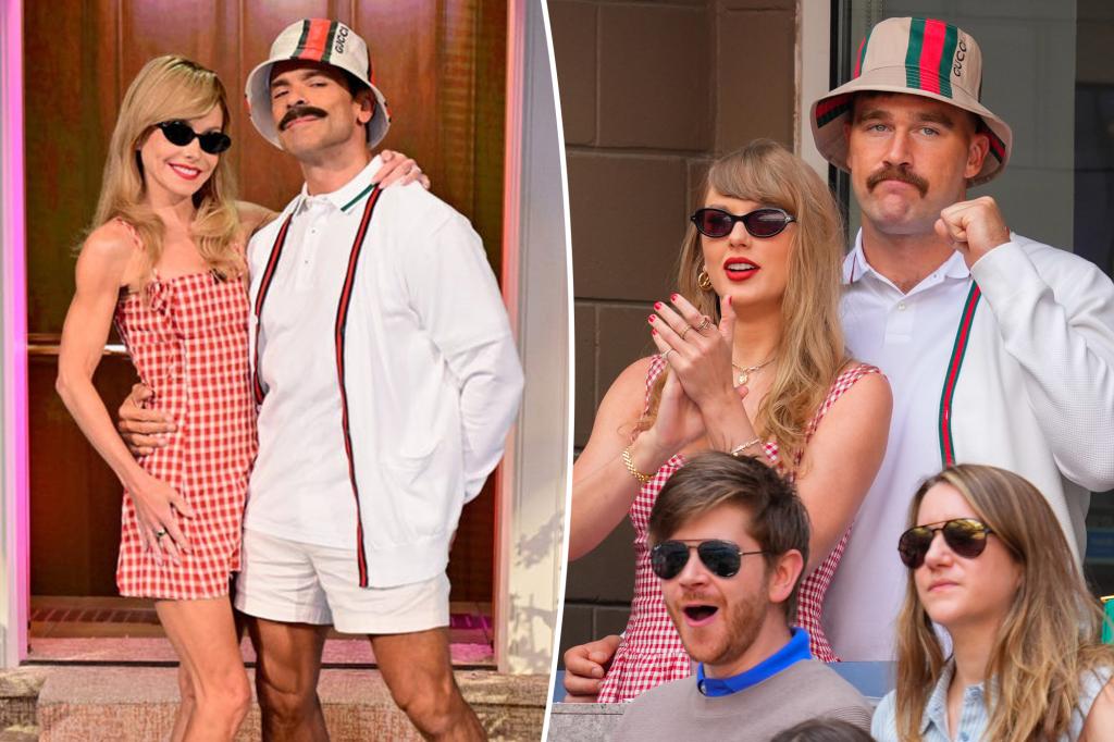 Watch: Kelly Ripa and Mark Consuelos recreate Taylor Swift and Travis Kelce at the US Open for Halloween.