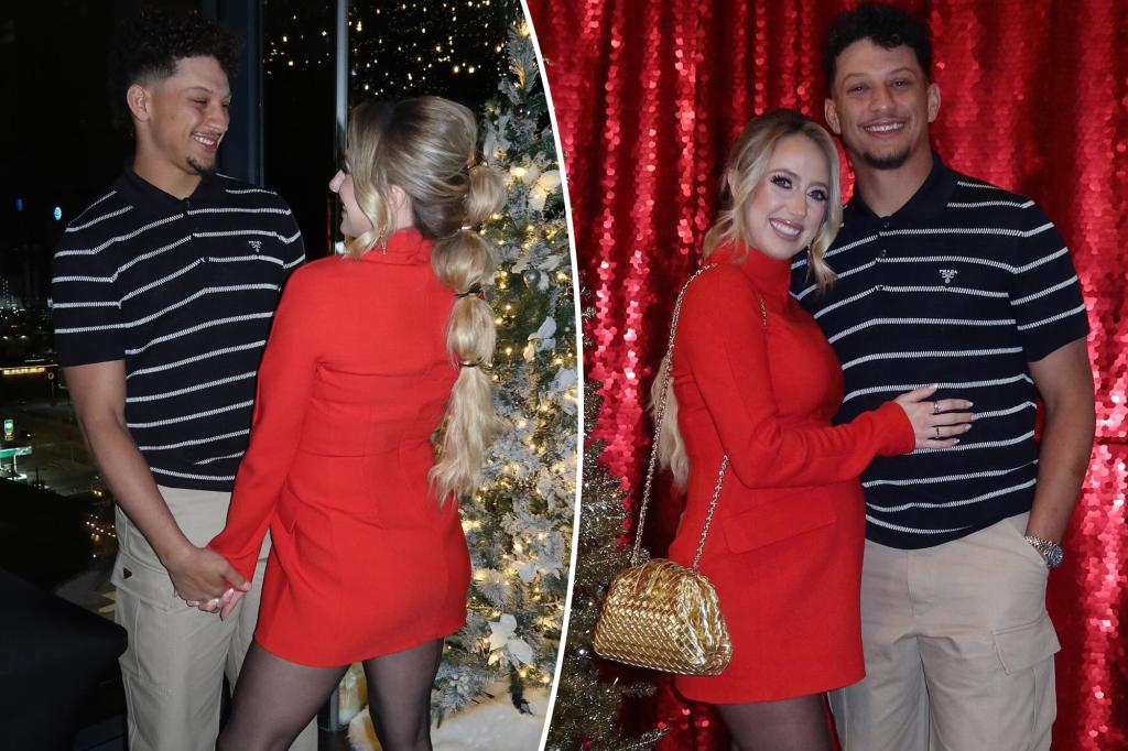 Exclusive: Pregnant Brittany Mahomes and her husband, Patrick, share a cozy moment at the Chiefs’ festive gathering. "Truly joyful."  