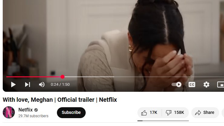 Breaking: Meghan Markle has set a new record for the highest number of dislikes on Netflix. They must be so proud of their star. 💫